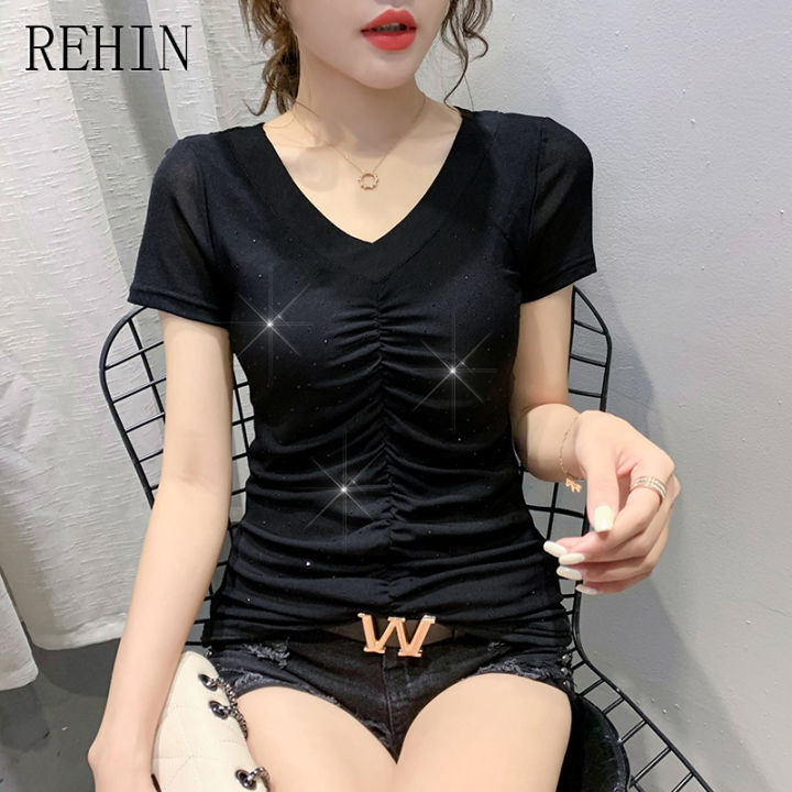 rehin-เสื้อลูกไม้แขนสั้นสำหรับผู้หญิง-สว่านร้อนหนักสไตล์ยุโรปเสื้อยืดอินเทรนด์เสื้อเชิ้ตสีพื้นเข้ารูป