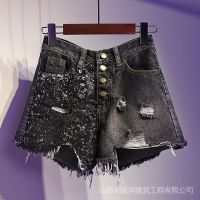 COD jfdss Short Shorts Women Spring Summer Fat Sequins Large Size Mesh Ripped High Waist Slimmer Look mm Hot Pants Denim Red Wide Leg Korean Version Heavy Indu