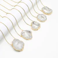 [Xiaoming Jewelry]ปก Colgante De Piedra Cadena Acero แบบธรรมชาติ Inoxidable FORA Geoda Drusa Blanca Para Joyeria Regalo Fiesta