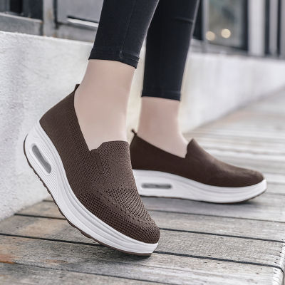 Womens One Pedal Lazy Platform Height Increasing Air Cushion Sports Rocking Shoes Fly Mesh Breathable Casual Womens Shoes
