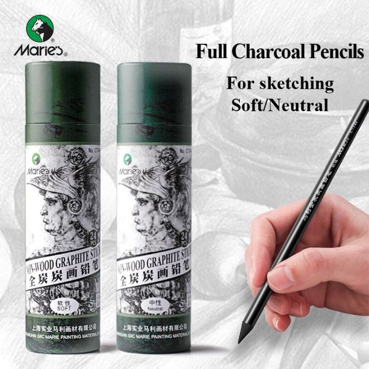 maries-full-charcoal-carbon-pencils-non-wood-graphite-sticks-sketch-charcoal-pencil-24pcs-soft-medium-charcoal-pens-stationery