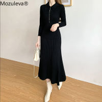 Mozuleva Autumn Winter Turndown Collar Women Knitted Dress Vintage Long Sleeve 2021 Female Dress Straight Ladies Vestidos