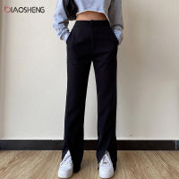 2021Womens Pants 2021 Fashion Loose Trousers For Female Boot Cut Straight Pants Full Length High Waist Casual Wide Leg Split Pants