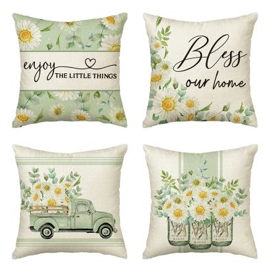 Spring Pillow Covers 18X18 Set of 4 Farmhouse Throw Pillows Home Spring Decorations Cushion Case for Couch