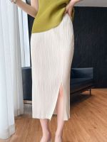 2023 Hot Miyake style skirt summer thin pleated lifetime side slit high waist slim hip-covering pleated skirt womens mid-length