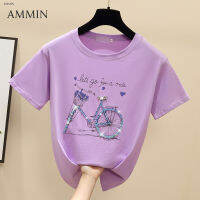 AMMIN เสื้อยืดสดใสขนาดเล็กสีลูกกวาดสไตล์เกาหลี,เดรสฤดูร้อนทรงหลวมแขนสั้นสำหรับนักเรียนเสื้อลำลองตัวสั้นพิมพ์ลายเลื่อมงานฝีมือขนาดใหญ่JH