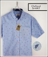 Capture Shirt เสื้อเชิ้ตผู้ชาย คอปก แขนสั้น ผ้า oxford ลายใบไม้จิ๋ว สีบลูยีนส์ มีถึงอก 48 นิ้ว