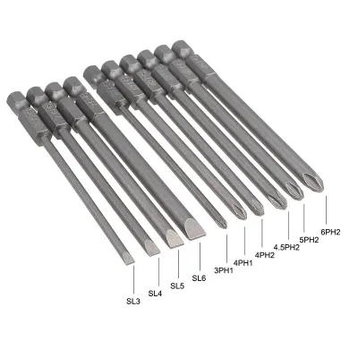 10pcs 100mm Length Slotted Cross Head Screwdriver Bits Set 1/4 Hex Shank Magnetic Bit S2 Electric Screw Driver Kit Hand Tools Screw Nut Drivers