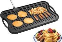 2-in-1 Cast Iron Grill &amp; Griddle - Pre-Seasoned Reversible Grilling Plate - Oven, Campfire, Double Burner Stove Top Skillet - With Handles, Grease Reservoir - 20"x10" Inch 51*26CM