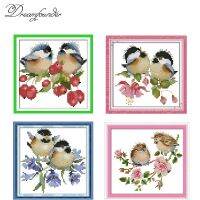 Chatted birds on purple-red flowers cross stitch kit Aida count 14ct 11ct print embroidery DIY handmade needlework