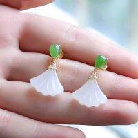 QEENKISS EG5245 Fine Jewelry Wholesale Fashion Woman Bride Mother Birthday Wedding Gift Vintage Fan Jade 24KT Gold Stud EarringsTH