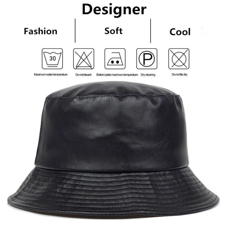 pu-leather-outdoor-waterproof-bucket-hat-unisex-flat-hip-hop-hats-solid-color-leisure-fishing-sun-cap-fisherman-caps-truck-driver-accessories