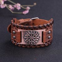 LIKGREAT Wide Leather Cuff Bracelet Gothic Slavic Wheel Sigil of Enochian Charm Bracelet Male Amulet Vintage Wicca Men Jewelry