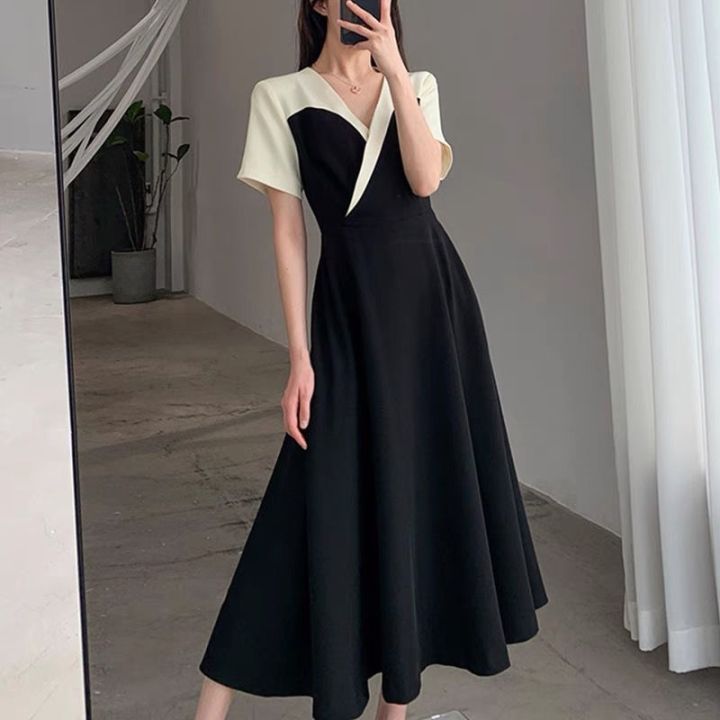 đầm đen đầm dài đầm vintage váy tiểu thư sang chảnh váy cổ v đầm thiết