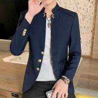 ZZOOI 2022 Men Fashion Stand Collar Slim Fit Chinese High Quality Blends Suit Jacket / Men Casual Trend Formal Blazer Coat