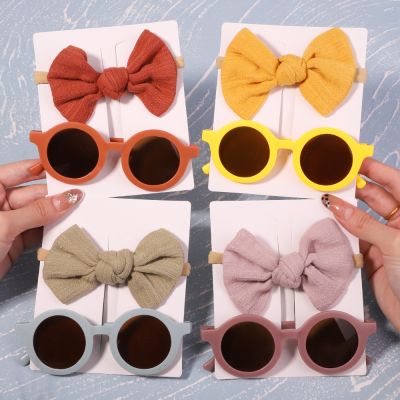 【CC】 2Pcs/Pack Kids Bows Headband Round Sunglasses Children Glasses Protection Baby Hair Accessories