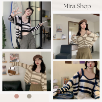 Mira_shop เสื้อเซตไหมพรมฃายทางน่ารักกรุบ เสื้อครอปหญิง เสื้อแฟชั่นผญ 8107#