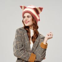 หมวกถักหมวกถักทรง Beanie หูสำหรับผู้หญิงรูปปีศาจหมวกถักโครเชต์หมวกไหมพรมอบอุ่นน่ารักสำหรับหูแมว