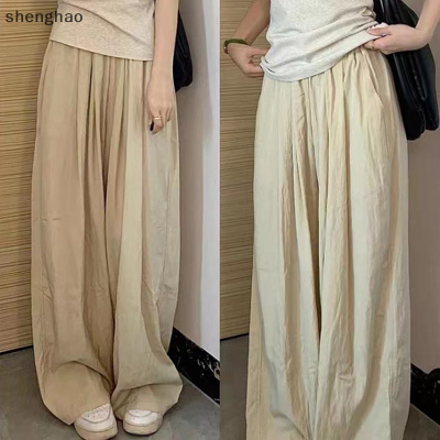 shenghao กางเกงขาบานผ้าไอซ์ซิลค์สำหรับผู้หญิงกางเกงทรงหลวมแบบลำลองเอวสูงผ้าแอปริคอทผ้าไอซ์ซิลค์สำหรับฤดูร้อน