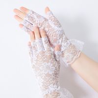 ◑ Short Lace Gloves Wedding Party Bride Mittens Sheer Mitten with Floral Decor Half Finger Gloves Outdoor Cycling Costume