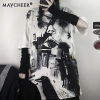 MAYCHEER เสื้อยืดผู้ชายเสื้อยืดแขนสั้นหลวมขนาดใหญ่กราฟฟิตีวินเทจชุดคู่รัก