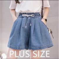 COD DSGERTRYTYIIO 【KEEY】Womens Elastic Waist Wide Leg Denim Shorts Plus Size A146