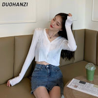 DUOHANZI เสื้อถักแขนยาวสำหรับผู้หญิง,เสื้อคาร์ดิแกนแขนสั้นสีขาว