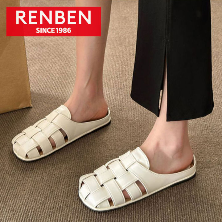 renben-รองเท้าแตะหนังนุ่มจริงสำหรับผู้หญิงเพื่อสวมใส่ข้างนอกรองเท้าแตะครึ่งม็อบอเนกประสงค์แบบลำลอง
