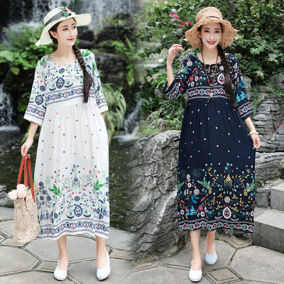 Polyester Cotton Thin Soft Holiday Travel Casual Dress Print Floral Loose Summer Dress Women Prairie Chic Midi Beach Style Dress