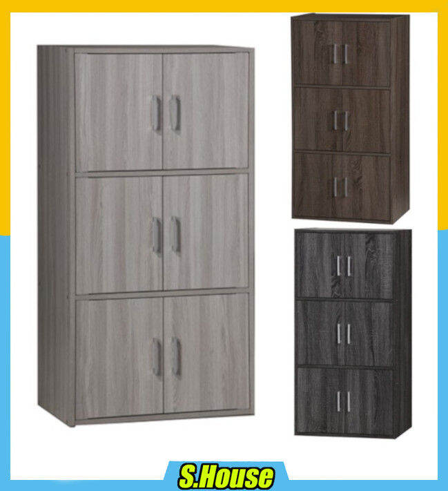 3 Tier Shelf Cabinet Cupboard Wood Rack File Door Book Study Rak ...