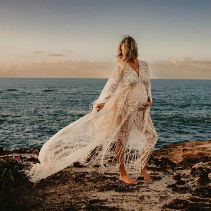 boho-ชุดเดรสอุปกรณ์ถ่ายภาพการตั้งครรภ์ลูกไม้ฟรีไซส์ปรับได้ถ่ายภาพการตั้งครรภ์ชุดให้นมบุตรชุดยาวแบบโบฮีเมียน