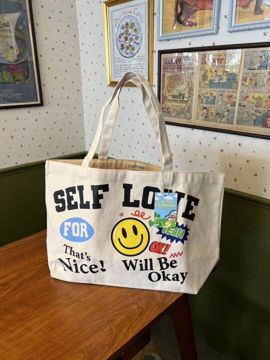 justbehappy-tote-bag-กระเป๋าผ้าลายใหม่น่ารัก-self-amp-positive