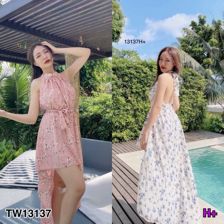 tw13137-เดรสสั้นหางปลา-หน้าสั้นหลังยาว-พริ้วสวย-ช่วงคอผูกโบว์-เว้าหลัง