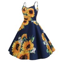 Summer Women Dress Sunflower Print Tunic Beach Sundress White Spaghetti Strap Swing Vintage Rockabilly Dress