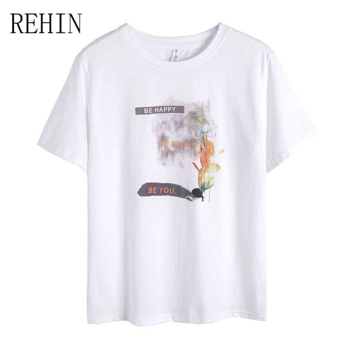 rehin-เสื้อยืดแขนสั้นสำหรับผู้หญิง-เสื้อยืดคอกลมดีไซน์พิมพ์ลายผ้าฝ้ายแฟชั่นสไตล์เกาหลีแบบใหม่ฤดูร้อน