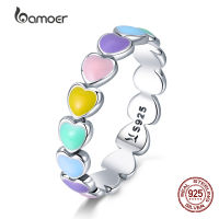 BAMOER Authentic 925 Sterling Silver Stackable Rainbow Heart Finger Rings for Women Wedding Engagement Ring Jewelry Anel SCR4442023