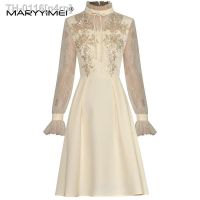 ▨♠卍 n4rn MARYYYIMEI-Vestido feminino de colarinho em pé manga comprida malha cristal vestidos elegantes estilista