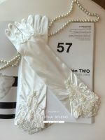 ✽● Women Wedding Gloves Full Length Long With Finger Beaded Bridal Satin Lace Appliques