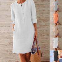 【YF】 Casual Office Lady Dress O Neck Breathable Summer Solid Color Round