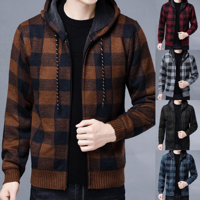 ◎❖□ hnf531 wenchengbo®Men Jacket Plaid Pattern Breathable Polyester Sweater Hoodie for Winter