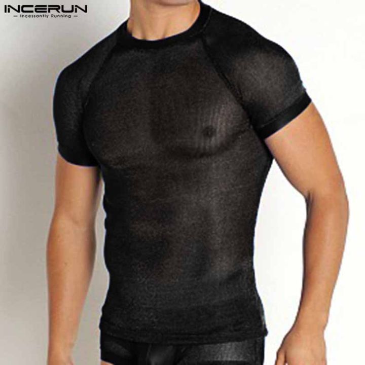 Perfectly Incerun Mens Short Sleeve See Through T Shirts Muscle Fitness Top Shirts สไตล์ตะวัน