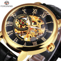 ZZOOI Forsining Classic Skeleton Watch for Men Mechanical Black Gold Wristwatches Top Brand Luxury Leather Strap Clock 3d Logo Design