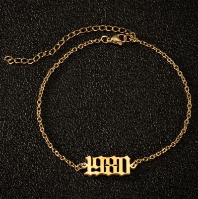 Stainless Steel Birth Year Initial Ankle Bracelet Old English Anklets for Women Men 1980 1990 1995 Year Number Anklet Leg Chain
