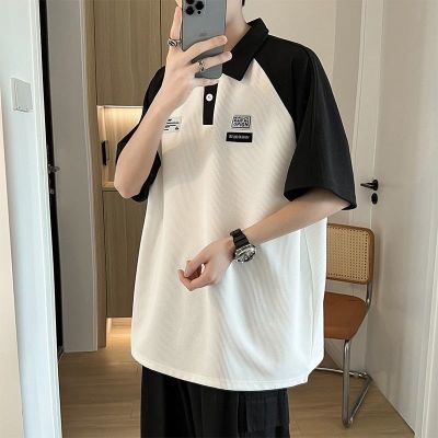 【Ready】🌈 Contrasting color polo shirt short-sleeved mens American retro heavyweight t-shirt summer trendy brand all-match high street casual lapel top