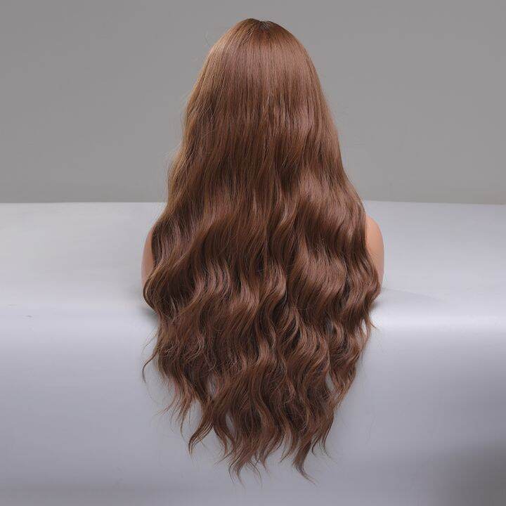louis-ferre-วิกผมลอนยาวสีน้ำตาลหยักสังเคราะห์วิกผมสีน้ำตาลน้ำผึ้งมีหน้าม้าไฟเบอร์อุณหภูมิสูงสำหรับผู้หญิงผิวดำทนความร้อน