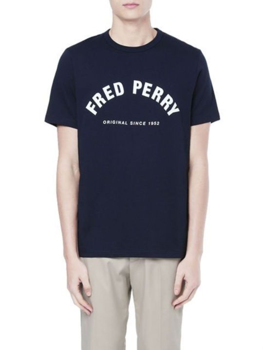 fred-perry-2023-fred-perry-ผ้าฝ้ายแขนสั้นเสื้อยืดลายหูข้าวสาลีปักสีทึบพิมพ์คอกลมปักลายแฟชั่นวัยรุ่น