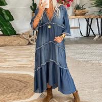 Vintage Solid Denim Long Dress Women Spring Summer Casual Half-sleeve V-neck Dress Ladies Fashion Loose Pleated Office Dresses