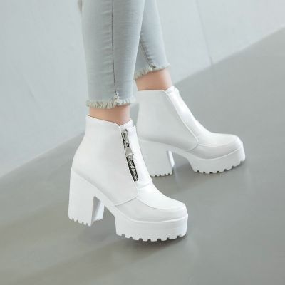 winter white platform wedges chunky high heels woman shoes zipper front women ankle boots plus size dropshipping 2019