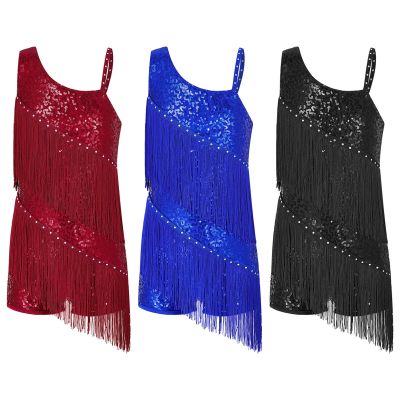 Sequins Latin Dance Leotards Dress Kids Girls Sleeveless Shiny Rhinestone Decor Tassels Shorts Bottom Modern Jazz Dance Dresses