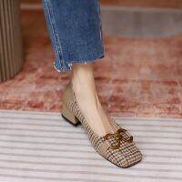 ✜▫♙ Retro thick-heeled shoes 2022 spring and summer new medium-heeled womens shoes one-legged houndstooth genuine leather soft leather high heels